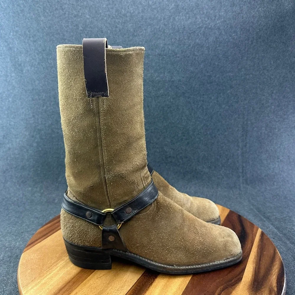 Vintage 1970s Mens Tan Suede Harness Boots Square Toe Brown Leather Straps 9.5 - Picture 1 of 12